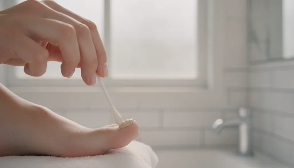 A hand gently applying the garlic-oil paste to a toenail using a cotton swab showing the application process clearly