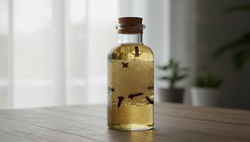 A clear bottle filled with baby oil white rice and whole cloves sitting on a wooden surface