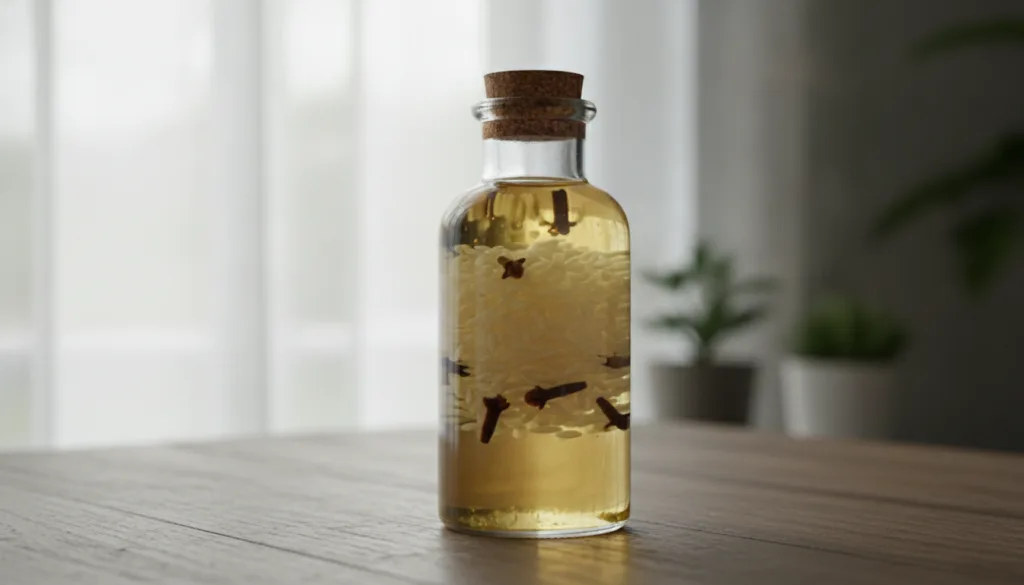 A clear bottle filled with baby oil white rice and whole cloves sitting on a wooden surface