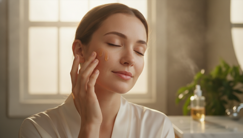 A woman gently massaging a few drops of oil onto her face focusing on hydration and glow