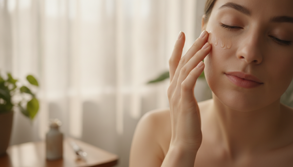 A woman s hand gently massaging a small amount of oil blend onto her face focusing on the cheek area against a soft blur