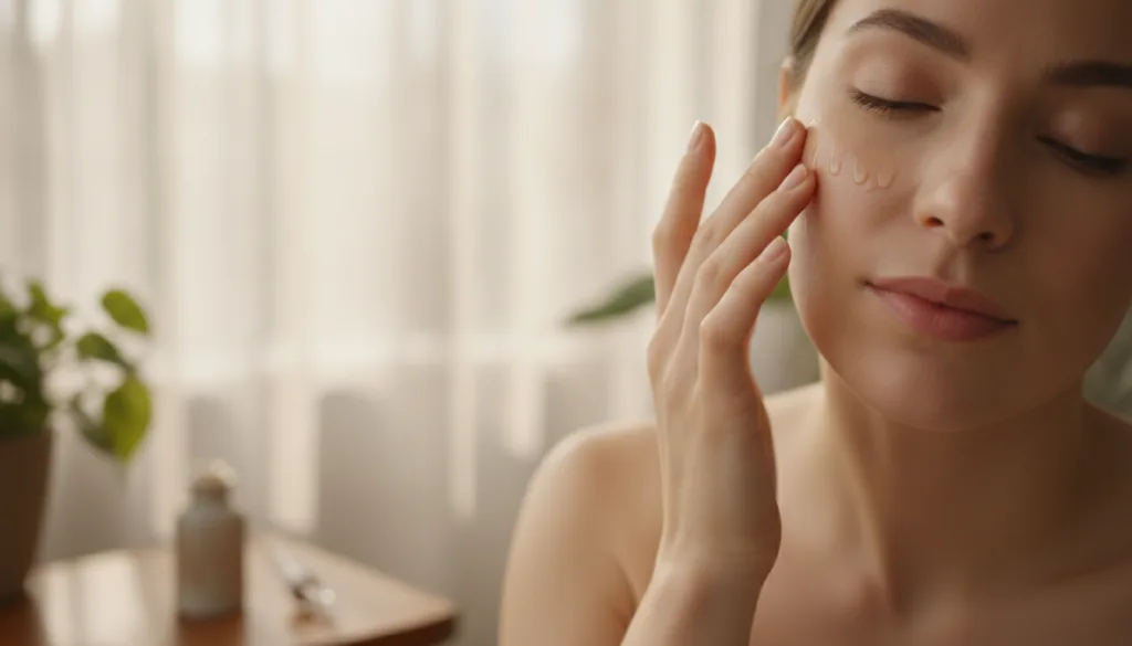 A woman s hand gently massaging a small amount of oil blend onto her face focusing on the cheek area against a soft blur