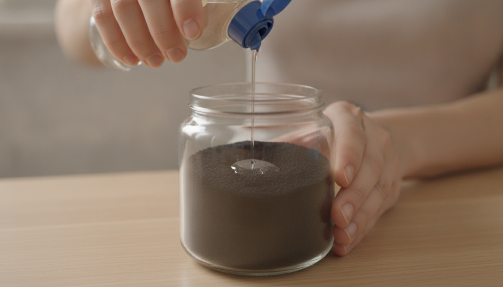 A close-up of hands pouring baby oil into a jar containing a dark granular substance illustrating the Reduce Wrinkles re