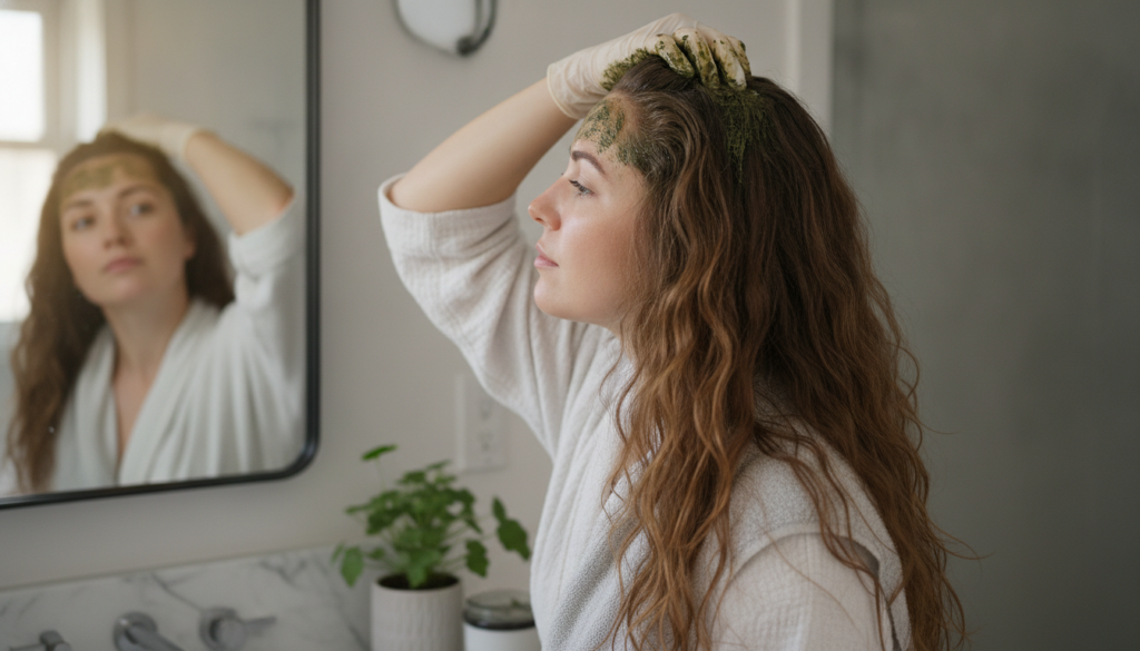 A woman applying a dark herbal paste to her hair with gloved hands looking in a mirror
