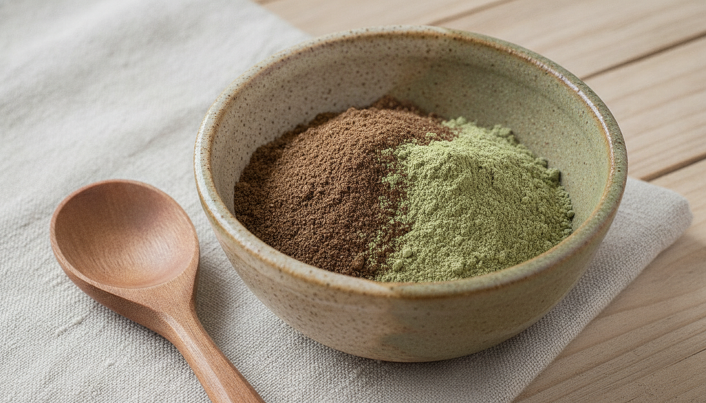Close-up of a bowl with dark herbal powder and amla powder with a spoon beside it ready for mixing