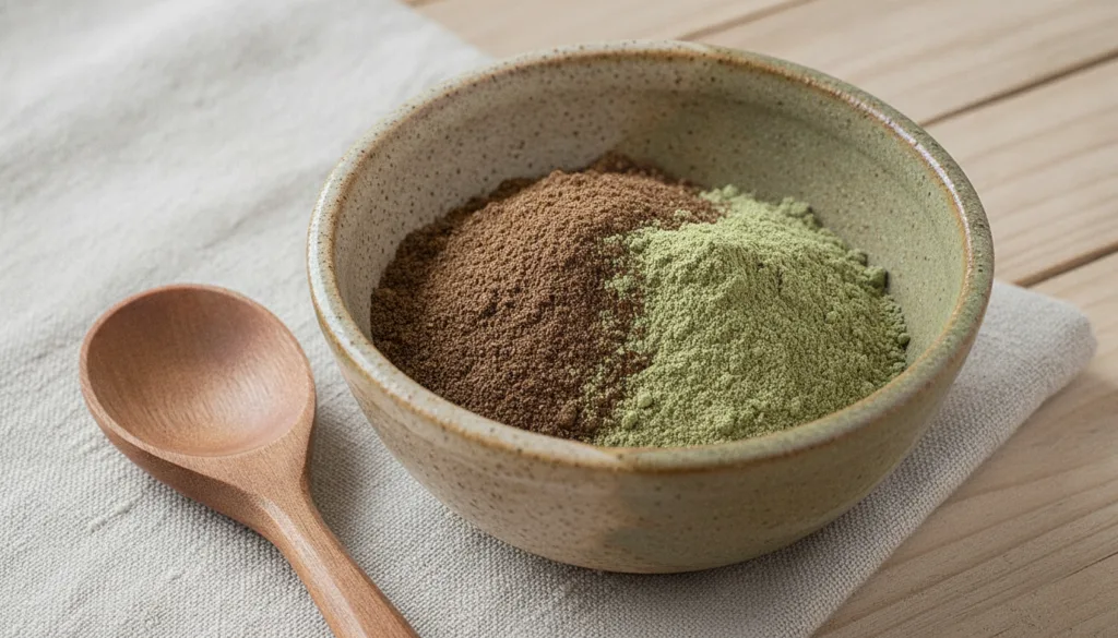 Close-up of a bowl with dark herbal powder and amla powder with a spoon beside it ready for mixing