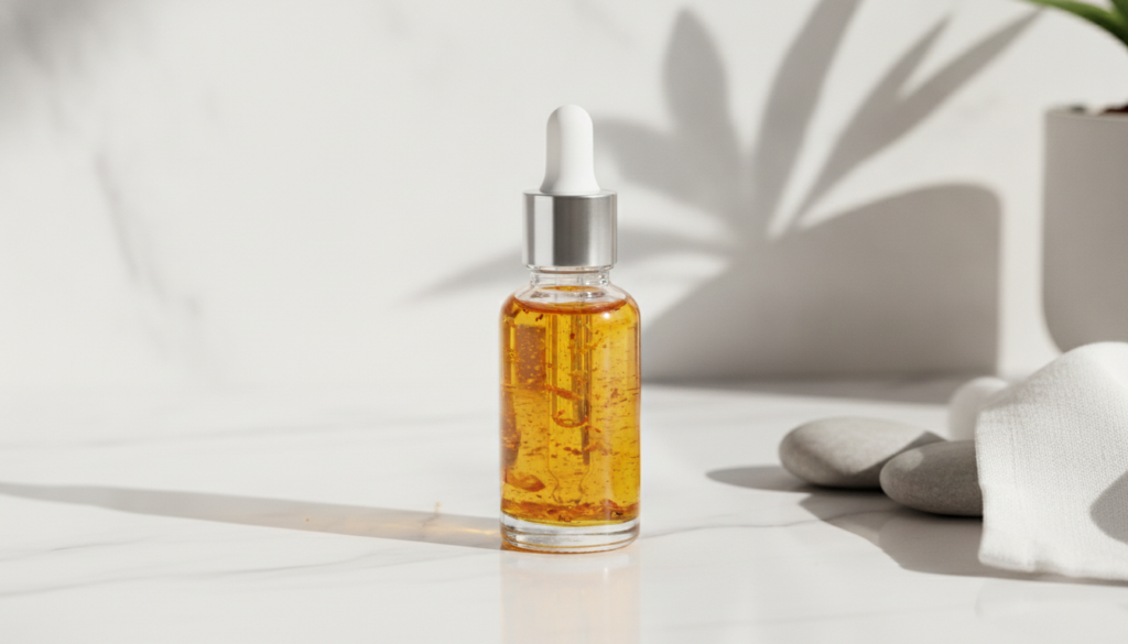 A small clear glass dropper bottle filled with a golden yellow infused oil perhaps with some visible spice particles pla
