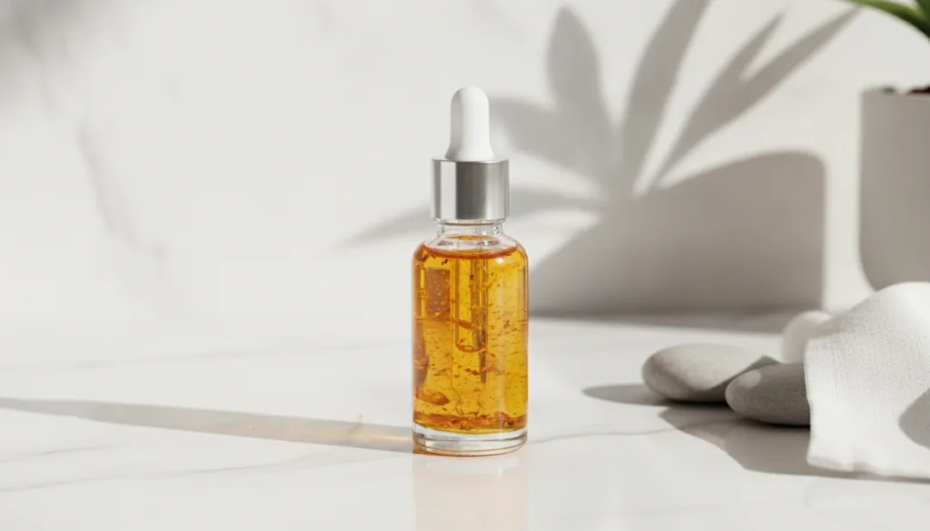 A small clear glass dropper bottle filled with a golden yellow infused oil perhaps with some visible spice particles pla