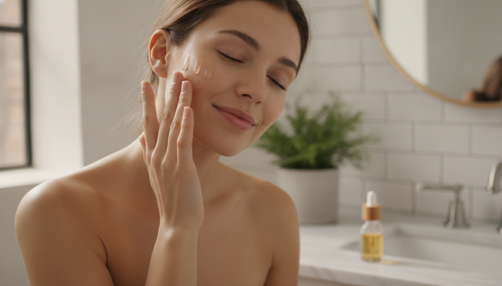 A woman gently massaging a few drops of oil onto her face with her fingertips her skin appearing soft and hydrated in a 