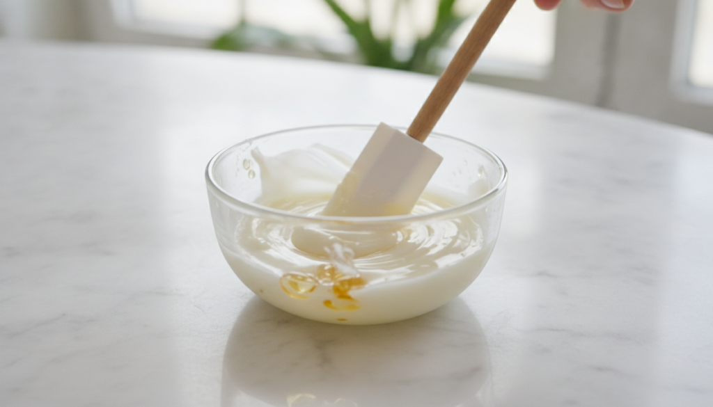 Close-up of a small bowl with Vaseline baby oil and Vitamin E oil being stirred together into a smooth cream