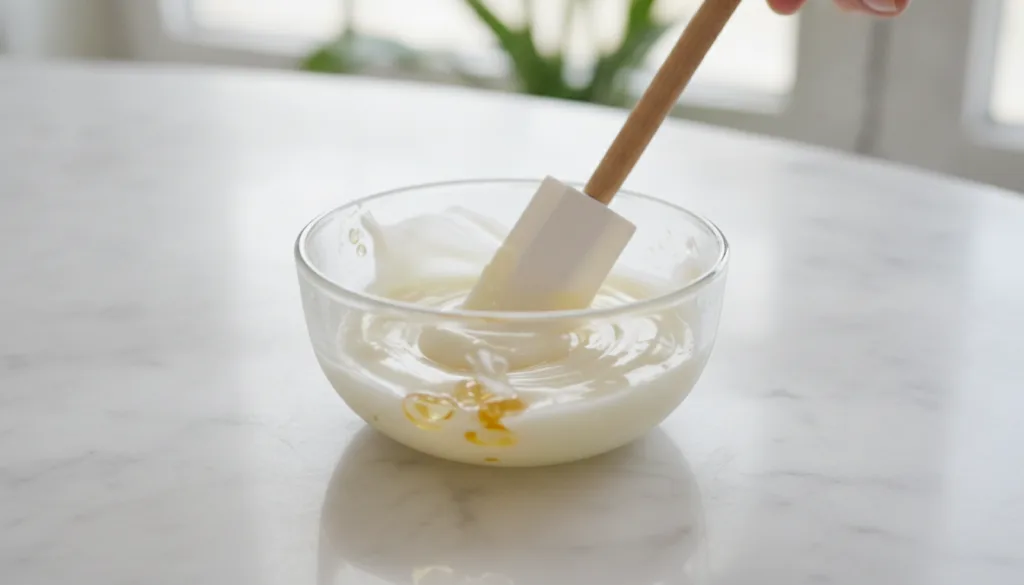 Close-up of a small bowl with Vaseline baby oil and Vitamin E oil being stirred together into a smooth cream