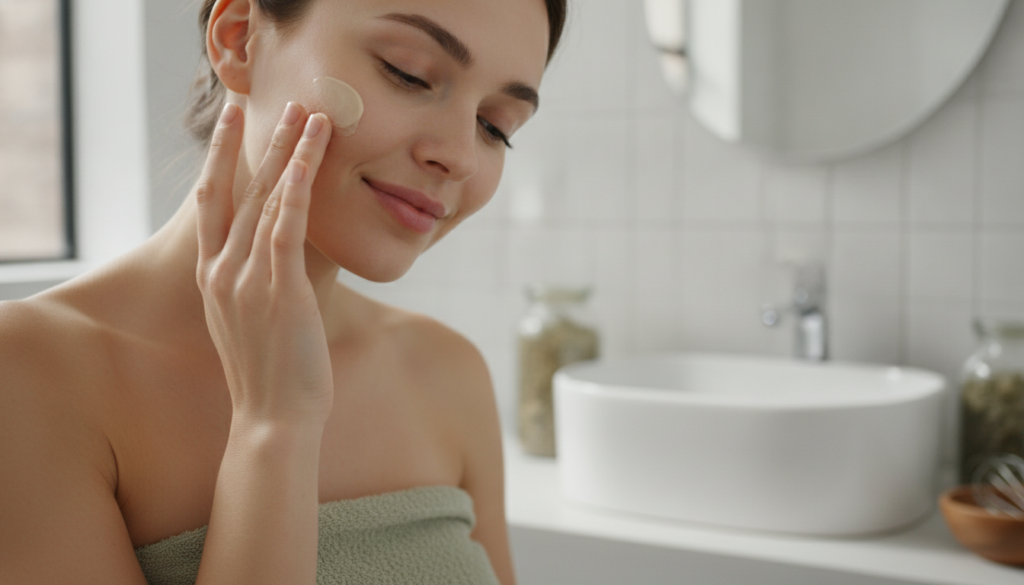 A woman gently applying a small amount of the homemade Vaseline cream to her face showing moisturized glowing skin