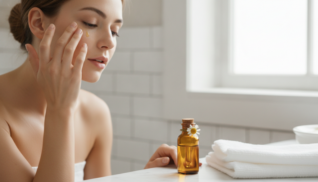 A woman gently applying a small amount of oil to her face focusing on the under-eye area with a serene expression