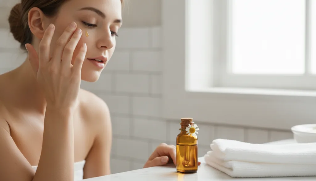 A woman gently applying a small amount of oil to her face focusing on the under-eye area with a serene expression