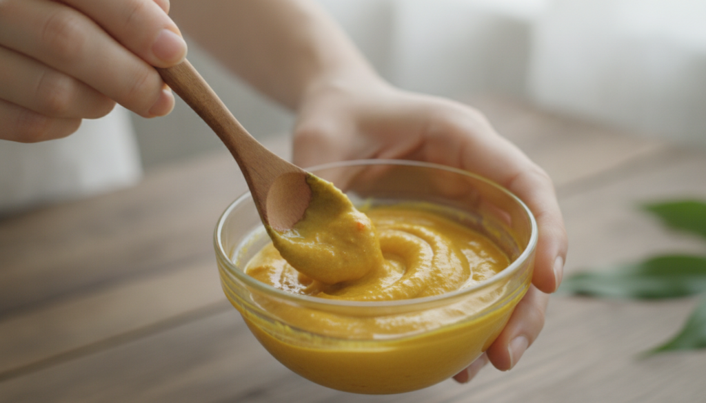 A close-up of hands mixing baby oil with grated turmeric in a small glass bowl with a spoon showing the golden yellow co