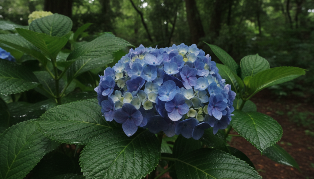 Close-up of vibrant blue Hydrangea flowers in a shaded garden bed