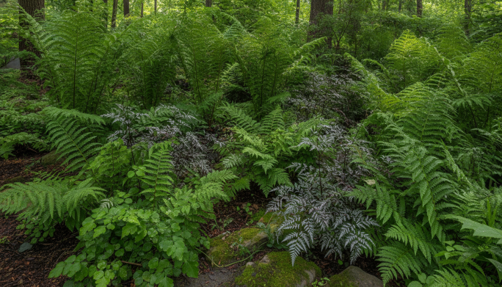Various types of ferns creating a lush green tapestry in a woodland shade garden