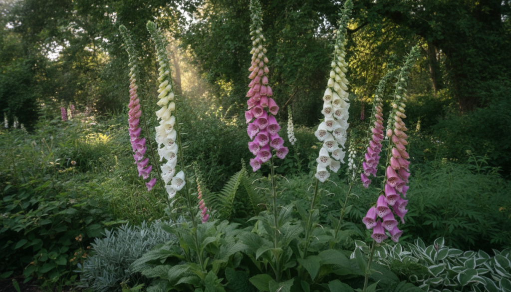 Tall spires of pink and white Foxglove flowers reaching upwards in a dappled shade garden