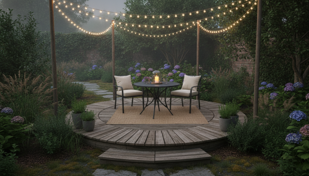 A cozy garden corner with a small wooden deck outdoor furniture and string lights overhead creating an inviting ambiance