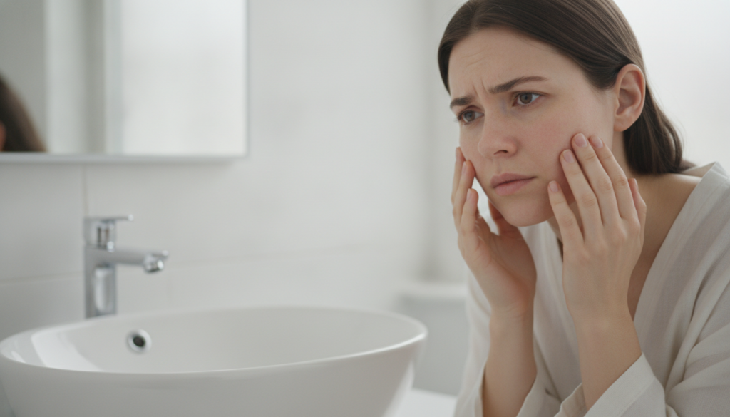 A person gently touching their face showing concern or sensitivity with a blurred background suggesting a bathroom or sk