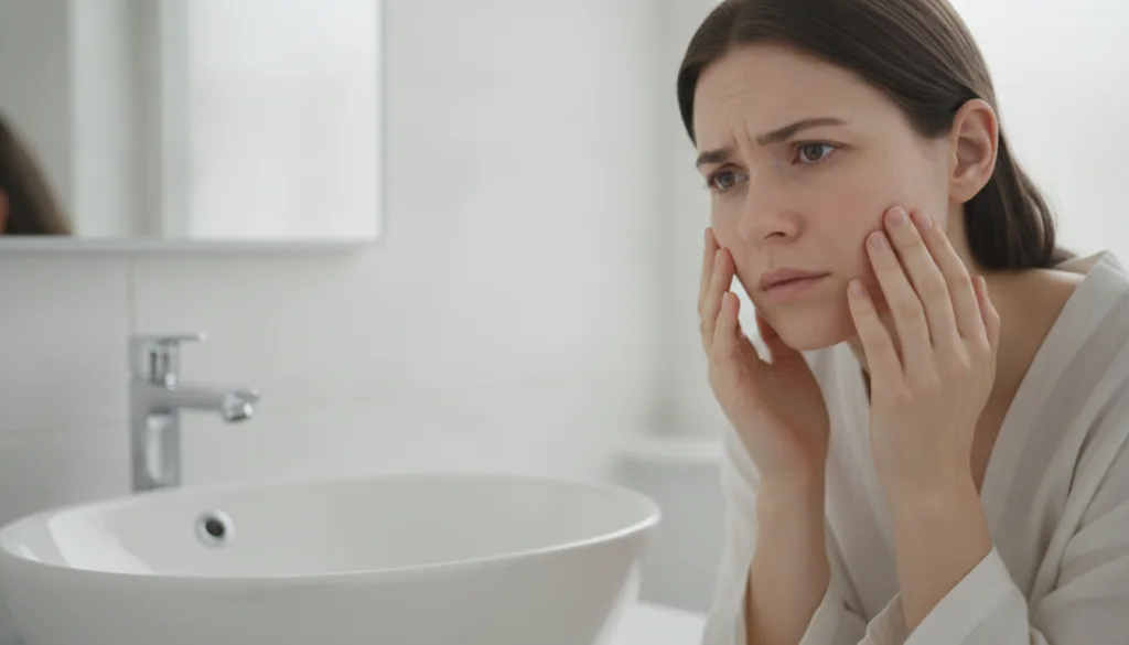 A person gently touching their face showing concern or sensitivity with a blurred background suggesting a bathroom or sk