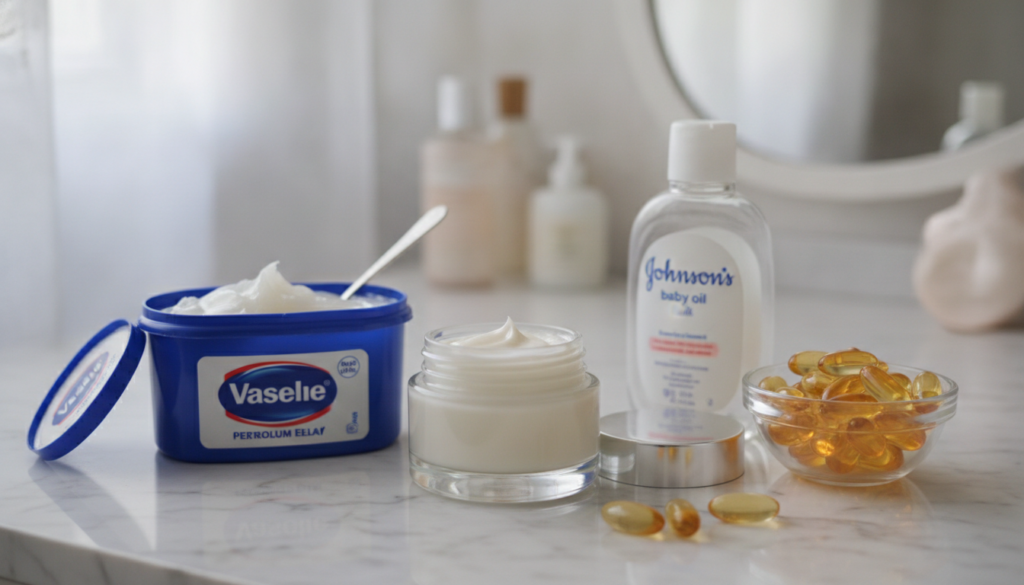 A small elegant glass jar filled with a light creamy homemade face cream Around it are small open containers of Vaseline