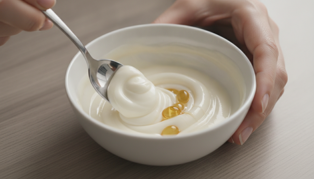 Hands mixing the Vaseline baby oil and Vitamin E in a small bowl with a spoon showing the creamy texture forming