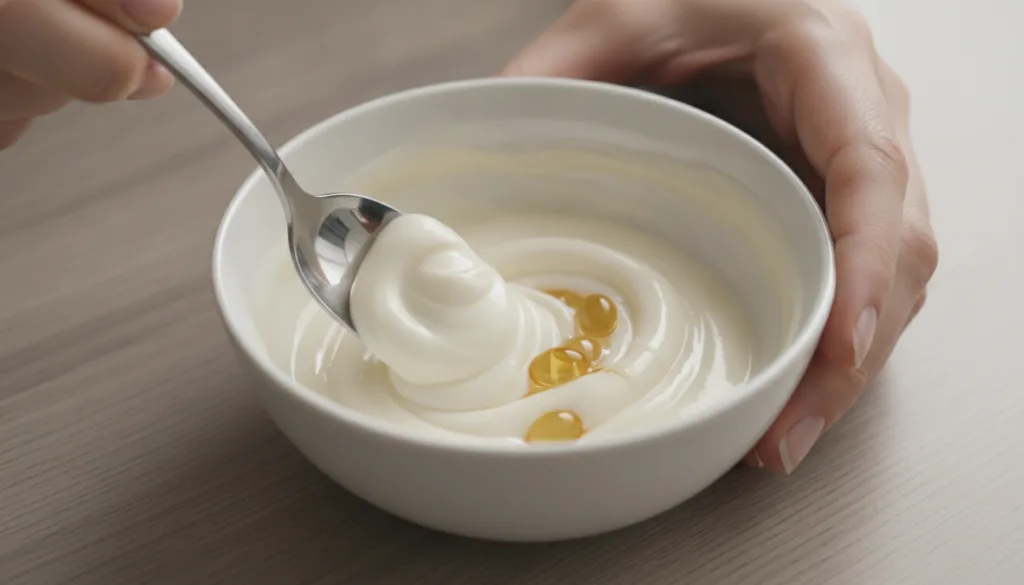 Hands mixing the Vaseline baby oil and Vitamin E in a small bowl with a spoon showing the creamy texture forming