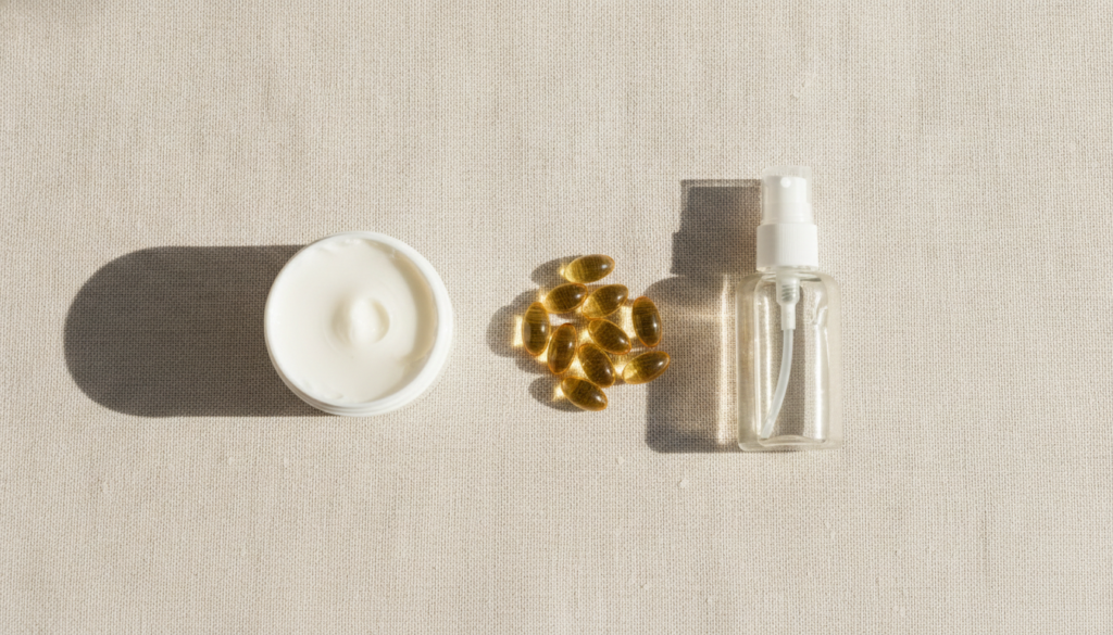 A flat lay of the three main ingredients a jar of Vaseline a bottle of baby oil and Vitamin E capsules or oil on a clean