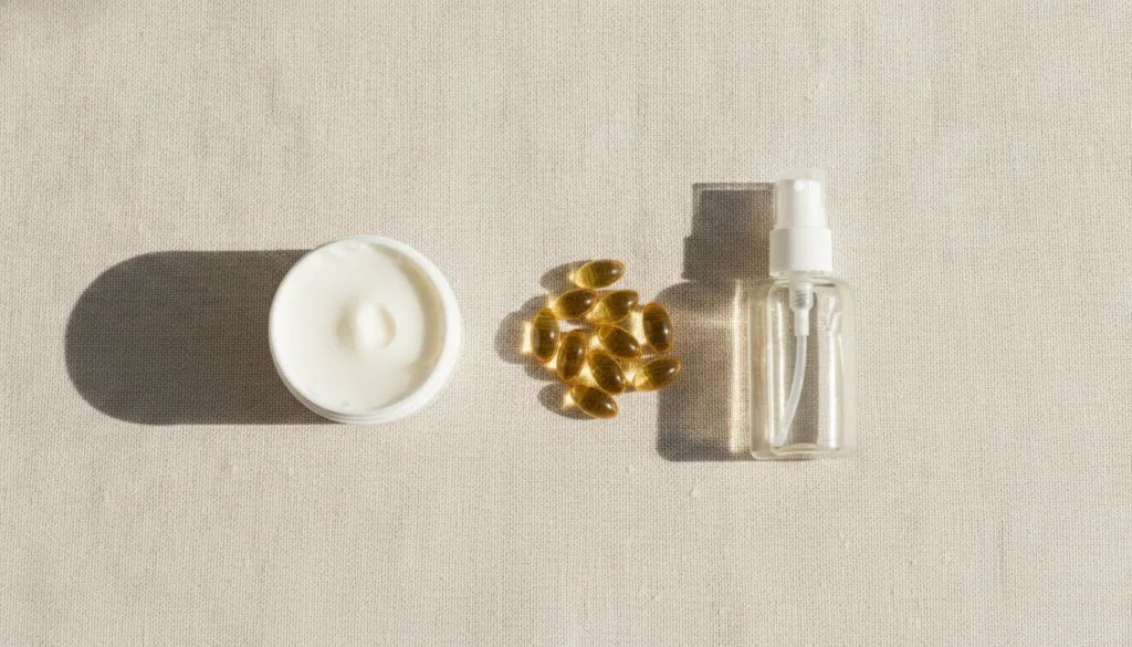 A flat lay of the three main ingredients a jar of Vaseline a bottle of baby oil and Vitamin E capsules or oil on a clean