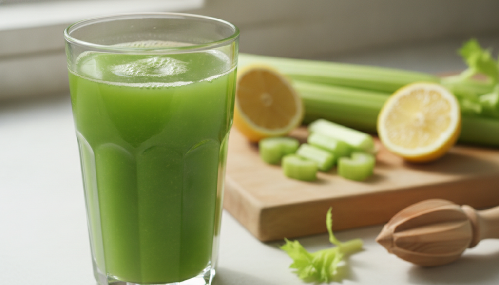 A glass of fresh vibrant green celery juice with a few celery stalks and lemon slices in the background