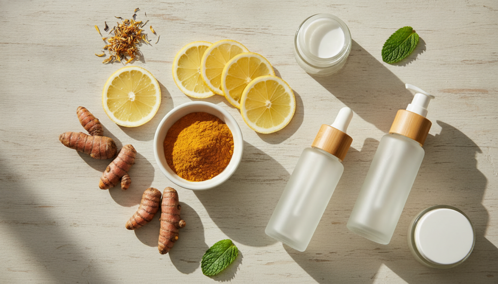 A serene arrangement of natural beauty ingredients including sliced lemons and turmeric roots or powder alongside elegan