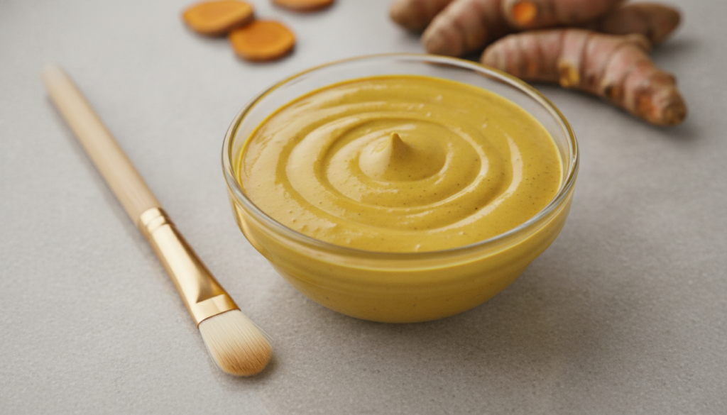 A close-up of a small glass bowl containing a vibrant yellow turmeric face mask with a small application brush next to i