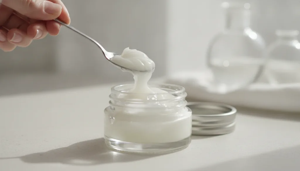 A close-up shot of a hand mixing Vaseline and baby oil in a small glass jar with a spoon creating a smooth glossy balm