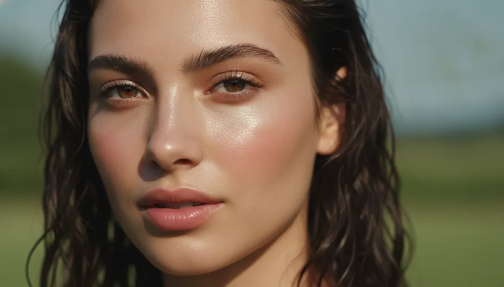 A woman s face with a radiant dewy glass skin complexion looking refreshed and hydrated possibly after an overnight trea