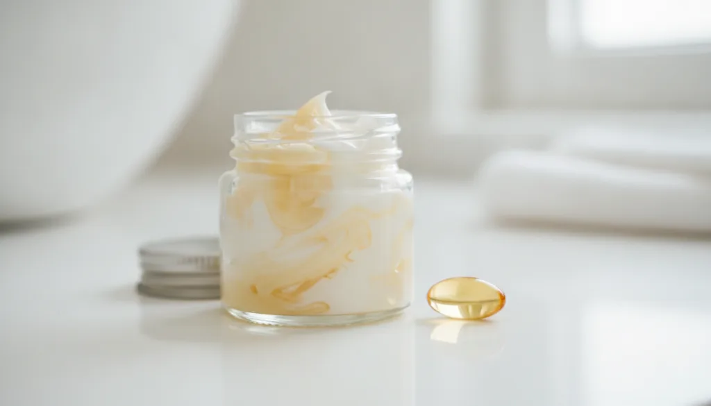 A close-up of a small glass jar containing a mixture of Vaseline and a liquid from a Vitamin E capsule with a Vitamin E 