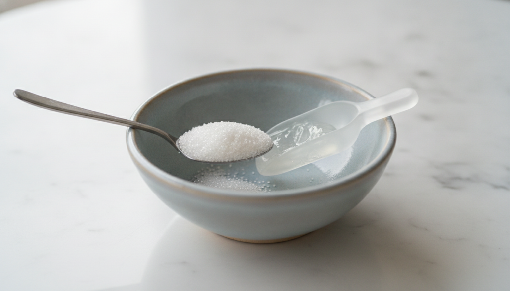 Close up of a small bowl with a spoonful of fine white sugar and a small scoop of Vaseline ready to be mixed against a s