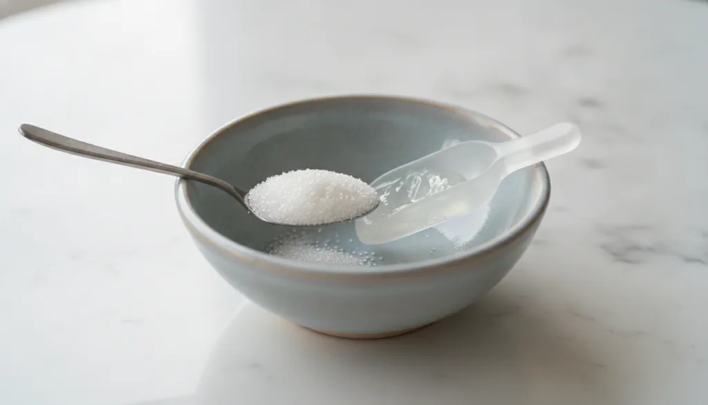 Close up of a small bowl with a spoonful of fine white sugar and a small scoop of Vaseline ready to be mixed against a s