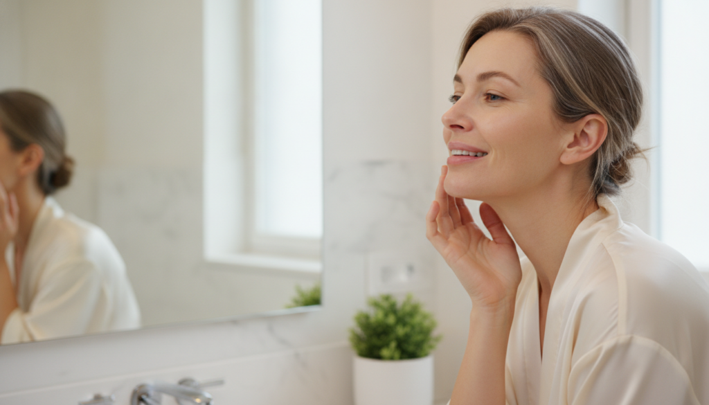 A woman gently touching her cheek smiling and looking at her reflection representing healthy glowing skin after a beauty
