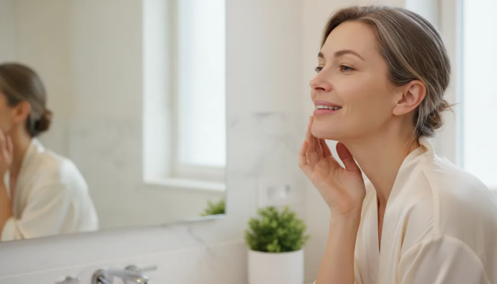 A woman gently touching her cheek smiling and looking at her reflection representing healthy glowing skin after a beauty