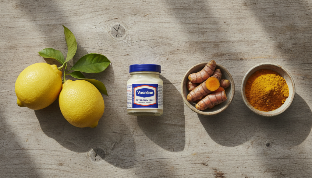 A flat lay arrangement of a small jar of Vaseline fresh yellow lemons and vibrant yellow turmeric root and powder in sma