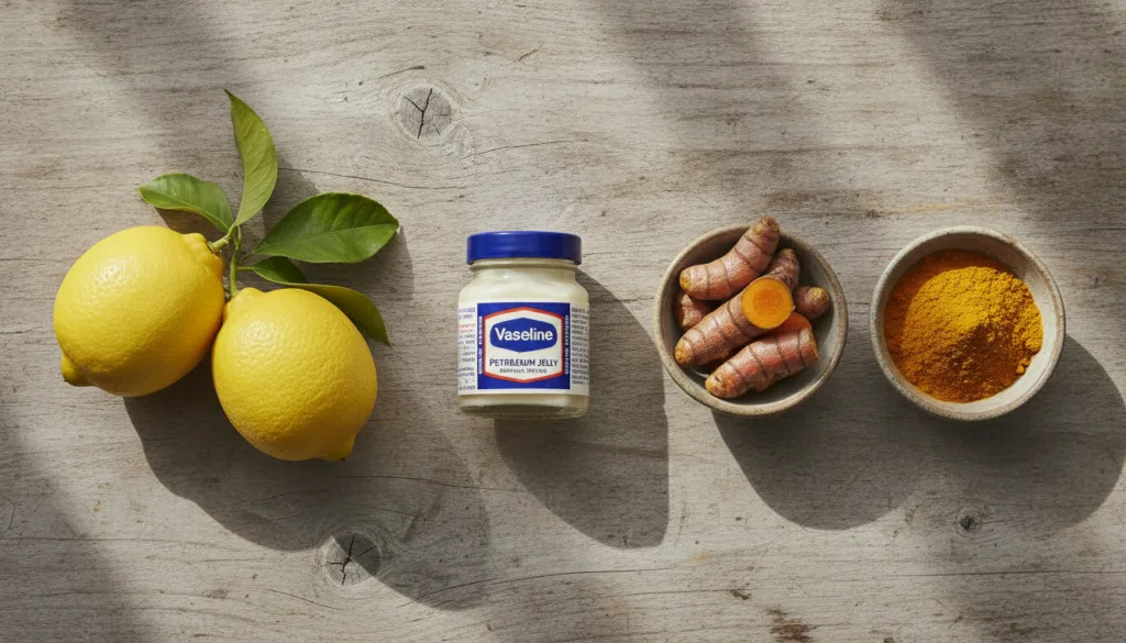 A flat lay arrangement of a small jar of Vaseline fresh yellow lemons and vibrant yellow turmeric root and powder in sma