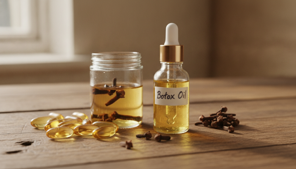Ingredients for homemade Botox Oil including baby oil whole cloves and Vitamin E capsules arranged neatly with a small b