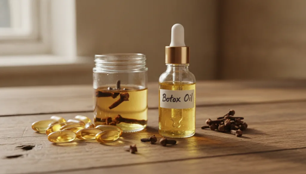Ingredients for homemade Botox Oil including baby oil whole cloves and Vitamin E capsules arranged neatly with a small b