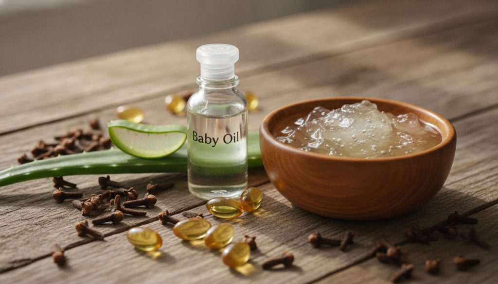 A close-up of the ingredients for DIY Botox Oil laid out on a rustic wooden table whole cloves a bottle of baby oil a fr