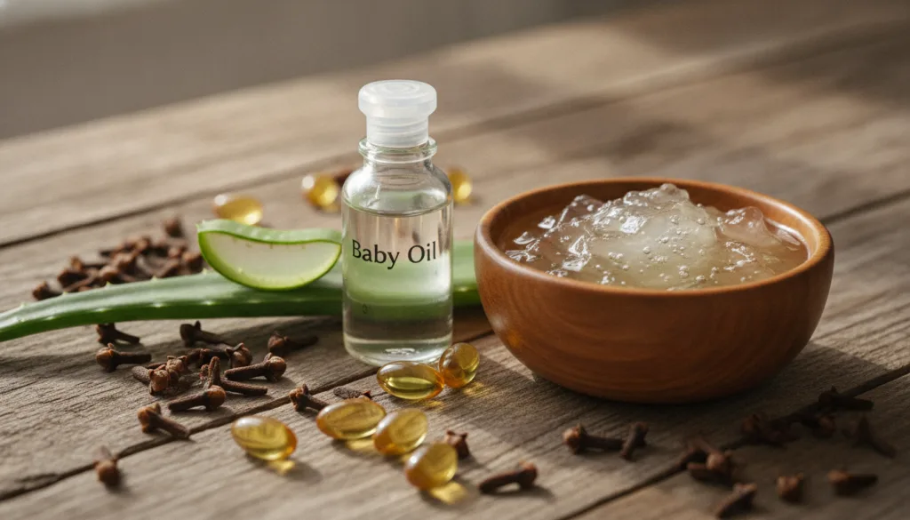A close-up of the ingredients for DIY Botox Oil laid out on a rustic wooden table whole cloves a bottle of baby oil a fr