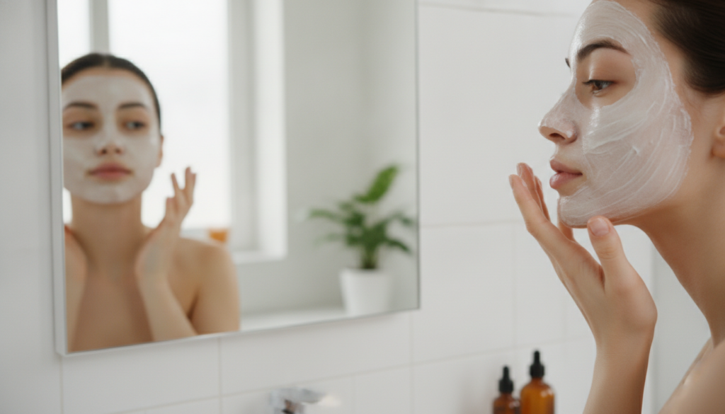 A woman gently applying a white rice face mask to her clean face in a brightly lit bathroom looking at her reflection wi