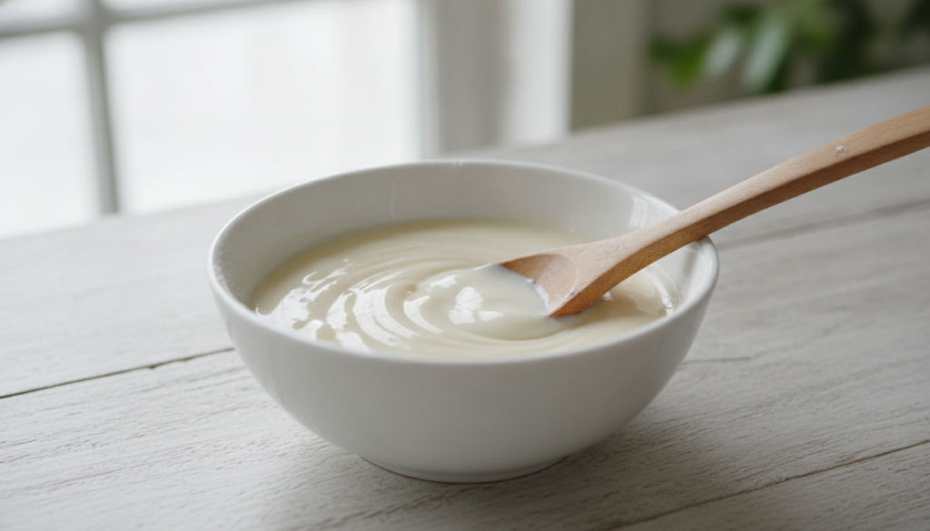 Close-up of a small bowl containing white rice flour and milk being stirred together to form a smooth creamy paste for a