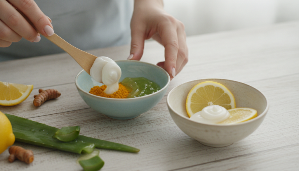 A close-up of hands gently mixing Vaseline with fresh natural ingredients like lemon slices turmeric powder and aloe ver
