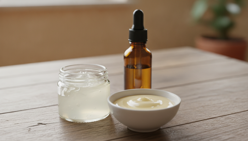 A small container of petroleum jelly and a bottle of liquid Vitamin E next to a small bowl with the mixed ingredients